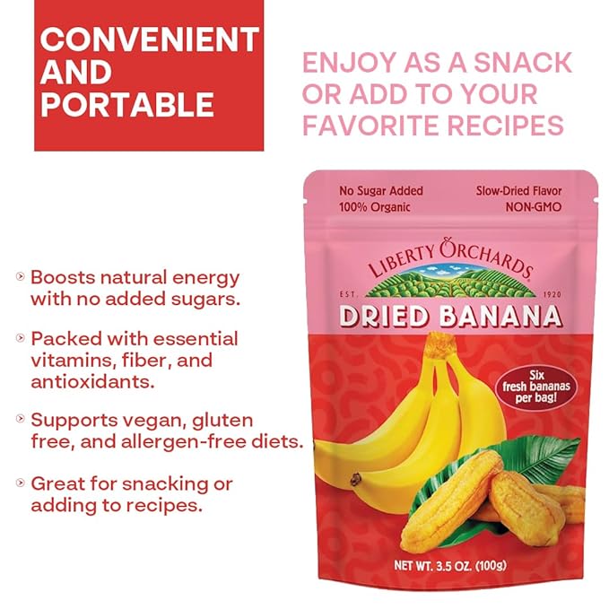 Liberty Orchard Organic Whole Dried Banana - Naturally Sweetened Dried Fruit Snack for Healthy Digestion & Busy Lifestyles - Delicious 6 Fresh Bananas in Each Bag - 5 Pack