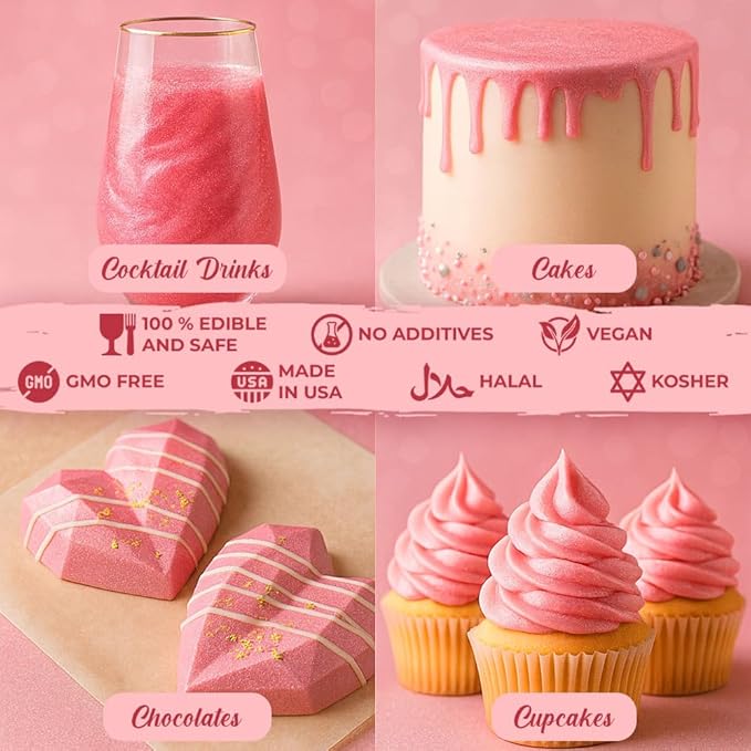 Bulk (20g) Pink Luster Dust Edible Glitter for Cocktails | Premium Edible Pink Luster Dust for Cake Decorations - Edible Glitter for Drinks Cupcakes Cookies Cakes Food Paint