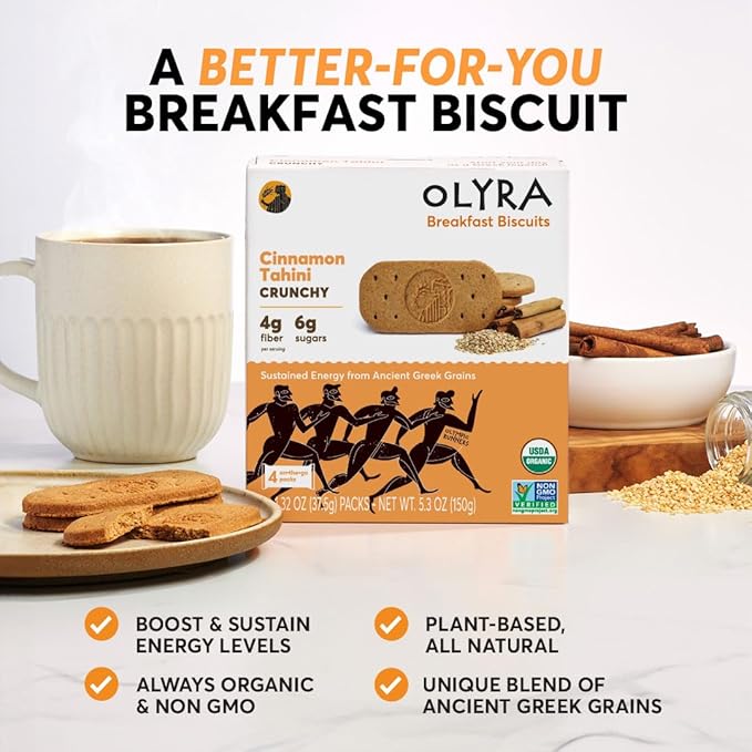 Olyra Breakfast Biscuits Cinnamon Tahini, Kids Healthy Snacks, Low Sugar, High Fiber, Plant-Based Protein Cookies, Organic Breakfast Cookies with Ancient Greek Grains, 24 Packs