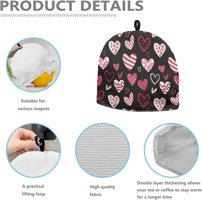 Valentine's Day Heart Roses Tea Cosy Kitchen Home Decorative Tea Pot Dust Cover Thermal Insulation & Heat Preservation Tea Cozies for Home Kitchen Valentine's Decor & Gift