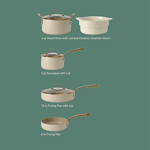 bloomhouse 8 Piece Pots and Pans Heavy Duty Aluminum Premium PFA Free Ceramic Nonstick Cookware Set - Almond Cream w/Gold Handle
