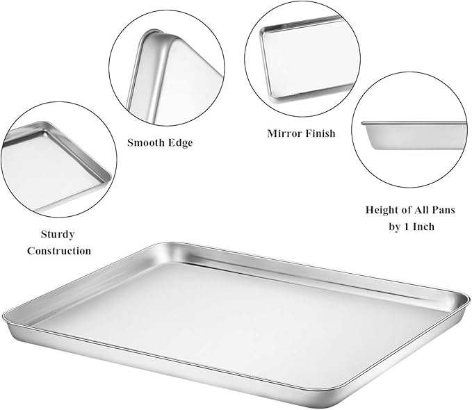 Wildone Baking Sheet Set of 2 - Stainless Steel Cookie Sheet Baking Pan, Size 18 x 13 x 1 inch, Non Toxic & Heavy Duty & Mirror Finish & Rust Free & Easy Clean