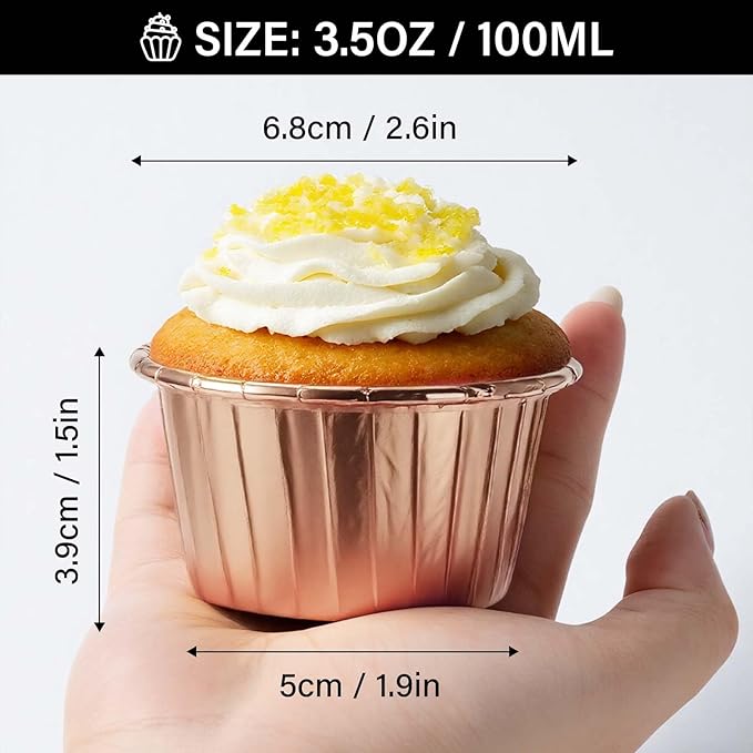 EUSOAR Cupcake Liners, 200pcs 3.5oz Disposable Ramekins Muffin Dessert Containers, Aluminum Foil Wrappers Paper Cupcake Liners Mini Cheesecakes Cups Holder for Birthday Wedding Party-Rose Gold