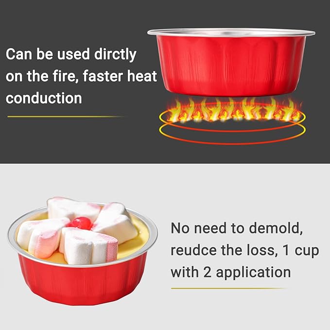 Beasea 8oz Disposable Ramekins, 100 Pack Aluminum Foil Cups with Lids, Baking Ramekin Cup Souffle Cup Muffin Cupcake Baking Cup Mini Pudding Cups for Party Wedding Birthday - Red