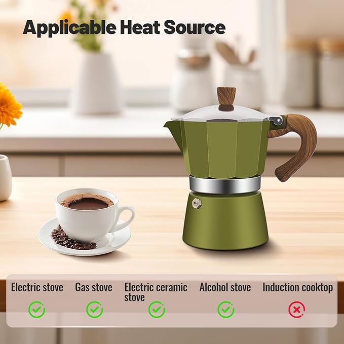 3 Cup Aluminum Moka Pot Classic Stovetop Espresso Coffee Maker 150ml 5oz Coffeemaker Percolator Mocha Pot Greca Coffee Maker Cafe Makers for Italian and Cuban Cafì±?Brewing Green