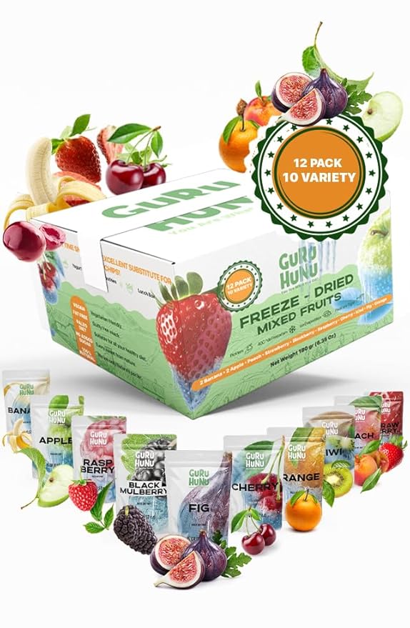 GURU HUNU Freeze Dried Fruit Mix 12 Individual Packs Healthy Fruit Snacks - Variety Pack Dehydrated Fruit Chips Camping Snacks Mixed Fruit - Bulk Dried Fruit No Sugar Added, Dry Fruit Snacks Healthy Gift