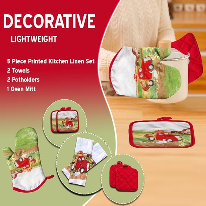 Lobyn Value Packs: 5 Piece Kitchen Towel Set with Vintage Red Truck Design, 2 Decorative Dish Towels, 1 Oven Mitt & 2 Potholders for Countryside Elegance