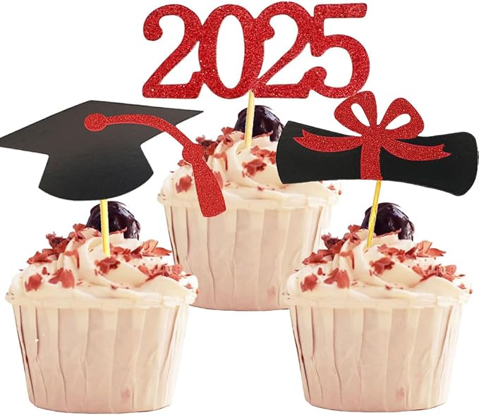 2025 Graduation Cupcake Toppers, 48 PCS Food/Appetizer Picks For Graduation Party Mini Cake Decorations, Diploma, 2025, Grad Cap Set 48 Pieces (03 Red)
