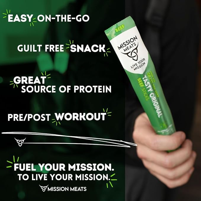 Mission Meats Beef Sticks – 100% Grass Fed & Pasture Raised, Zero Sugar, Gluten Free, Individually Wrapped Healthy Snacks, Whole 30 & Paleo Friendly, Original 1oz (Pack of 24)