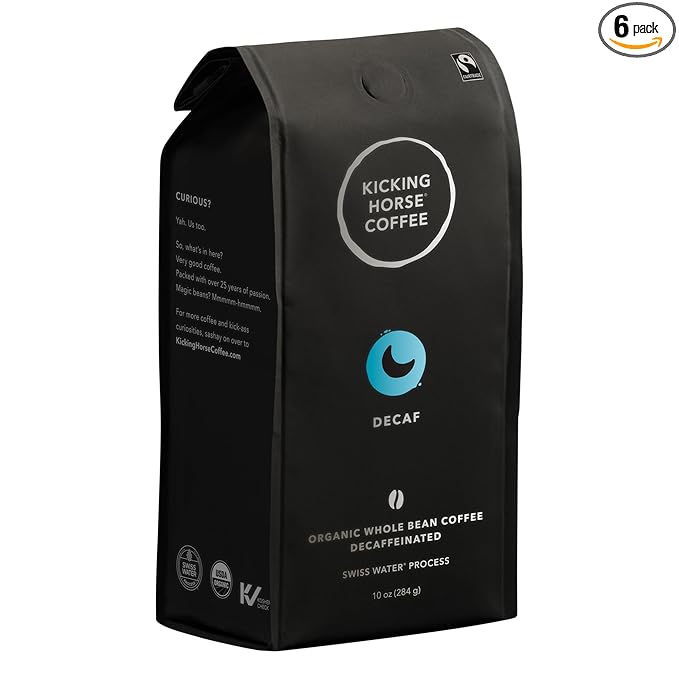Kicking Horse Coffee, Decaf, Swiss Water Process, Dark Roast, Whole Bean - Certified Organic, Fairtrade, Kosher Coffee, 10 Ounce (Pack of 6) - Packaging May Vary