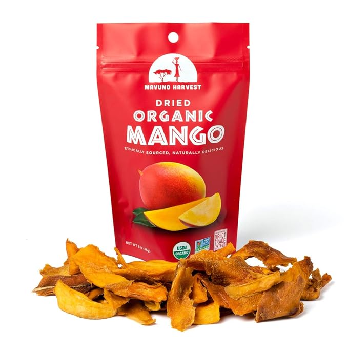 Mavuno Harvest Mango Dried Fruit Snacks | Unsweetened Organic Dried Mango Slices | Gluten Free Healthy Snacks for Kids and Adults | Vegan, Non GMO, Direct Trade | 2 Ounce, Pack of 3