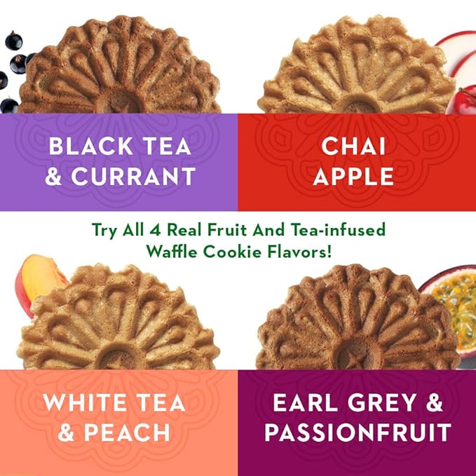 Reko Tea Fusions Waffle Cookies, Earl Grey & Passion Fruit - Individually Wrapped Single Serve Snack Packs - Thin Italian Pizzelles with No Artificial Flavors or Colors - 5 Cookies per Pack, Box of 12