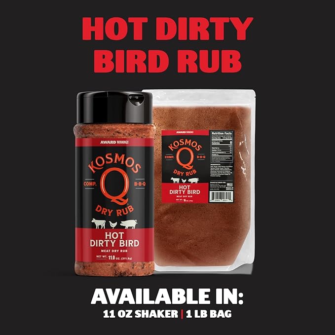 Kosmos Q Hot Dirty Bird BBQ Dry Rub, Spicy Seasoning with Chili Pepper, Brown Sugar, Garlic & Onion for Chicken, Turkey, Ribs, Pork, Dry Rub for Smoking & Grilling Meat, BBQ Spice Blend, 11 Oz Bottle