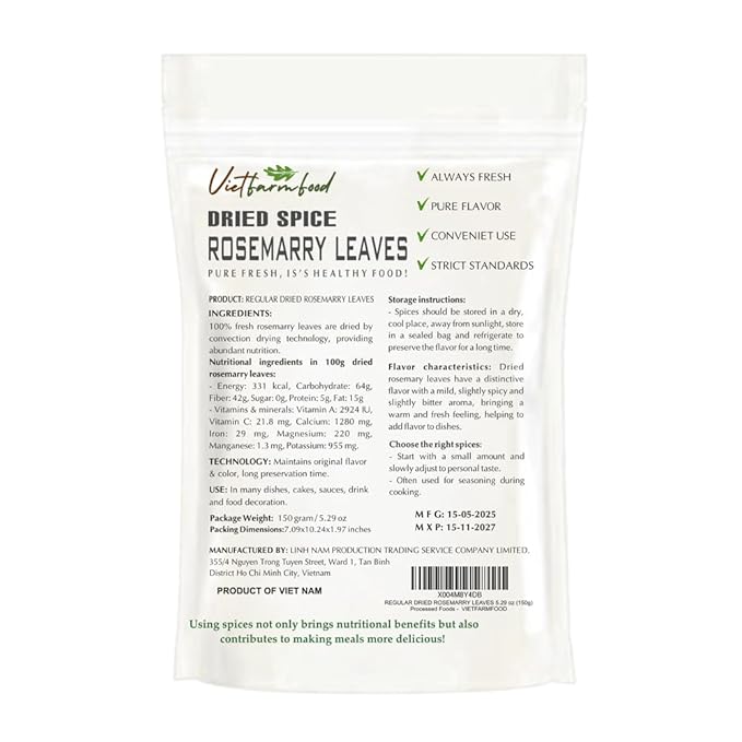 REGULAR DRIED ROSEMARY 5.29 Oz (150g) VIETFARMFOOD: Natural pure, convection dried seasoning made from real vegetables - perfect for adding flavor to any meal, from cooking, baking, soups, sauces