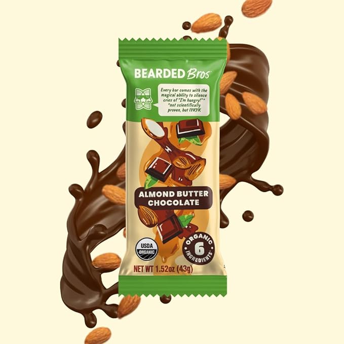Bearded Brothers, Organic Vegan Protein Energy Bars, Almond Butter Chocolate (12 Pack) - Gluten Free, Paleo, Non GMO, Soy Free, Low Glycemic, No Sugar Added, Packed with Protein, Fiber (Packaging May Vary)