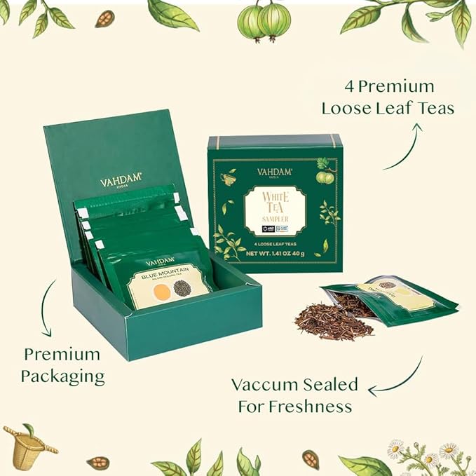 VAHDAM, Assorted White Tea Sampler Gift Set, Gluten Free, Non GMO - 4 Unblended White Loose Leaf Tea Sampler | Tea Variety Pack | Tea Gift Set, Gifts for Women & Men
