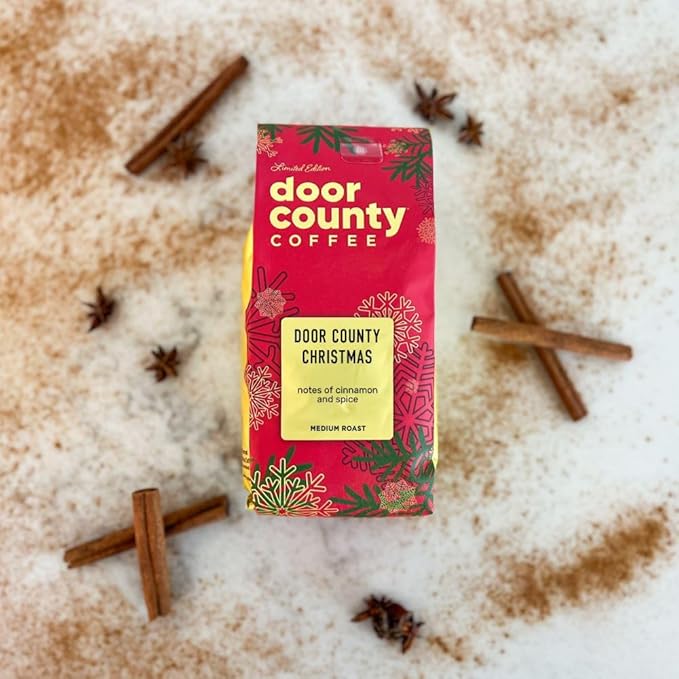 Door County Coffee Door County Christmas DECAF Flavored Coffee Ground - 8 oz Bag - Holiday Seasonal - Medium Roast - 100% Specialty Arabica - Cinnamon & Spice Flavor