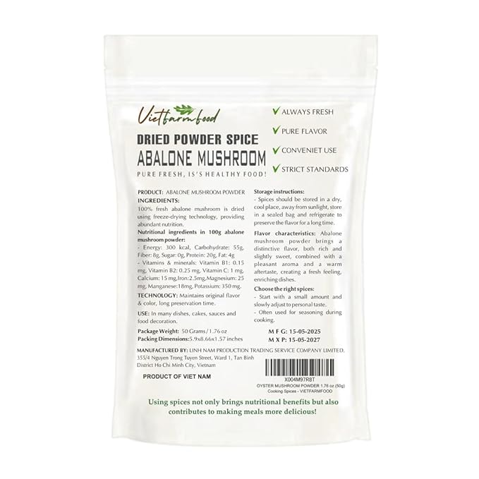 ABALONE MUSHROOM POWDER 1.76 Oz (50g) VIETFARMFOOD: Pure, natural freeze-dried spice made from real vegetables and fruits - perfect for enhancing every meal, from cooking, baking, salads, soups, sauce