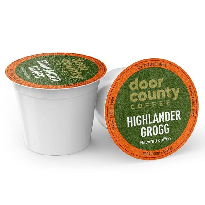 Door County Coffee Highlander Grogg Flavored Ground | 60 Count Single Serve Cups | Medium Roast | 100% Specialty Arabica | Flavored Gourmet | Caramel & Irish Cream