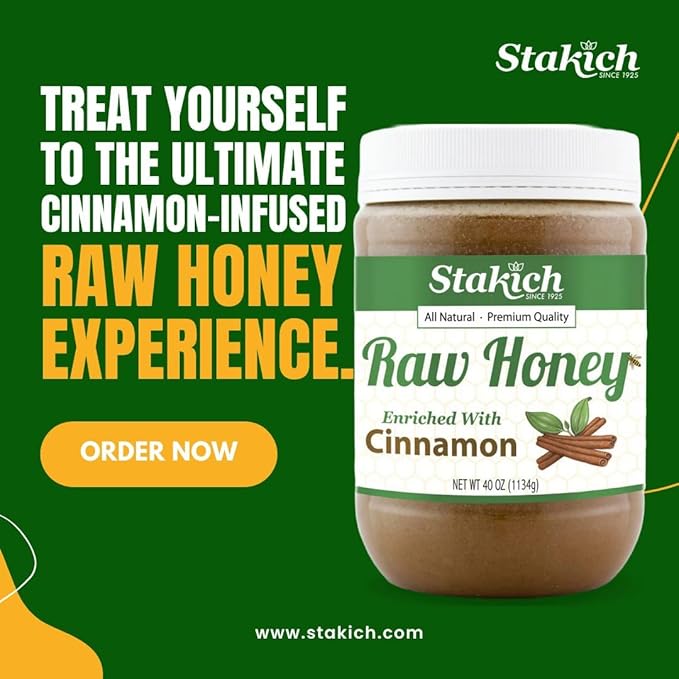 Stakich Cinnamon Enriched Raw Honey - Pure, Unprocessed, Unheated - 40 Ounce