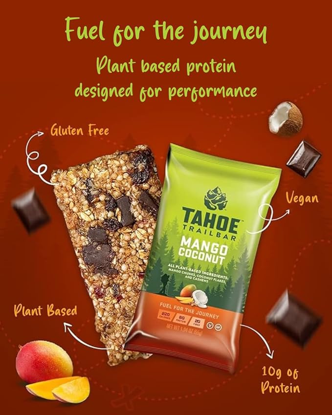 Tahoe Trail Bar, Plant-Based Natural Energy Bar (1.94 Ounce Protein Bar, 12 Count) High Protein Non-GMO, Gluten-Free, Vegan Healthy Snacks - Mango Coconut