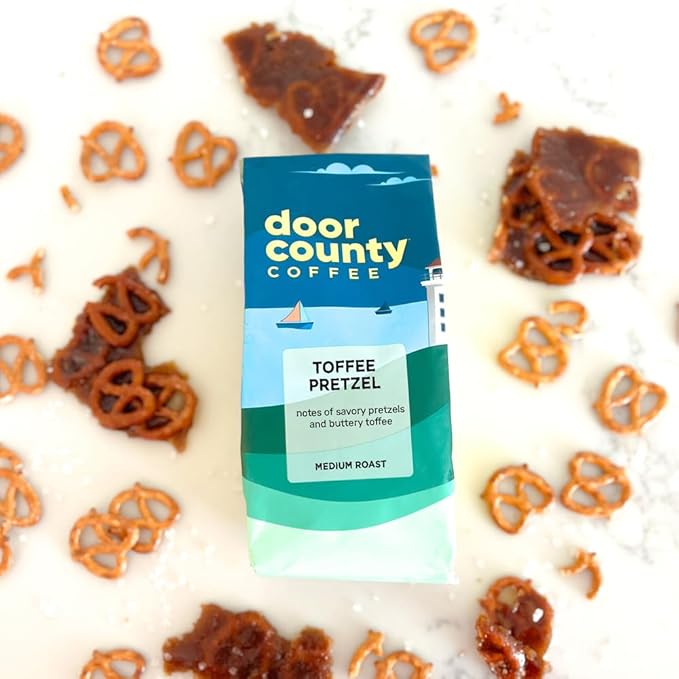 Door County Coffee Toffee Pretzel Flavored Ground Coffee - 10 oz Bag - Medium Roast - 100% Specialty Arabica - 100% Specialty Grade 1 Arabica Coffee