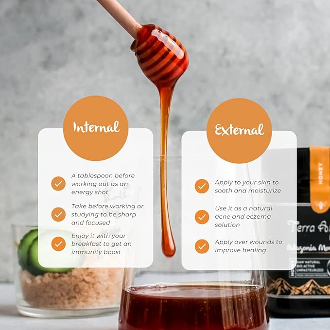 Patagonia Mountain Honey APF 100+ by TERRA ANDES PLUS | Raw natural organic honey. Highest bioactive grade. Made in Chilean Patagonia. 100% pure. NON Gmo. Awarded worldwide. Unfiltered Honey, 17.6 oz