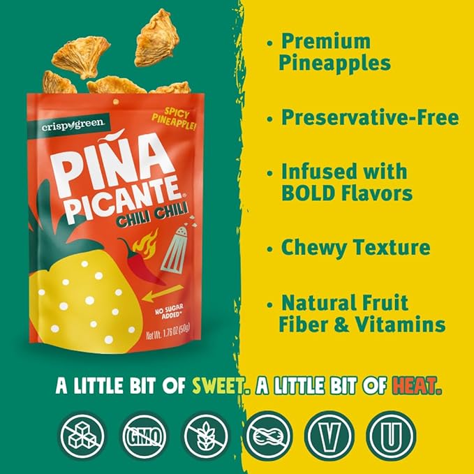 Crispy Green Pi챰a Picante, Double Chili Dried Pineapple, Healthy Real Fruit Snacks, 12 Bags, 1.76 Ounces each
