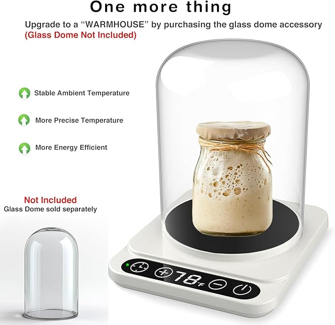 Sourdough Starter Warmer (Jar Not Included)– Precise 1°F Thermostat (70–100°F), Auto Heating On/Off, 12H Timer, Ideal for Consistent Fermentation in Any Kitchen Basic-BLK