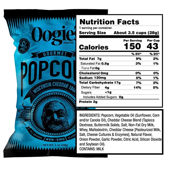 Oogie's Gourmet Popcorn | 20 Pack | Wisconsin Cheddar 1848 Flavor | Gluten Free Popcorn Snacks | 1oz Individual Bags