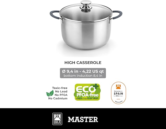 BRA COOKWARE Master Casserole w/Glass Lid | 9.5 inches - 4 quarts Professional Pot | Stainless Steel Casserole | All Heat Sources Compatible - Full Induction | PFAS Free Stock Pot | Shiny Finish