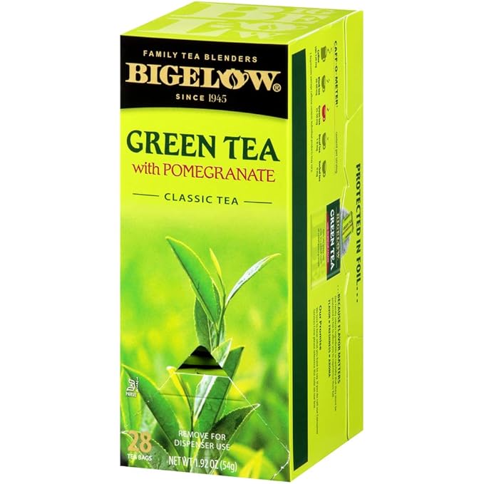 Bigelow Green Tea with Pomegranate 28-Count Box (Pack of 1) Premium Green Tea with Pomegranate Rosehips Hibiscus Antioxidant-Rich All Natural Medium-Caffeine Tea in Foil-Wrapped Bags