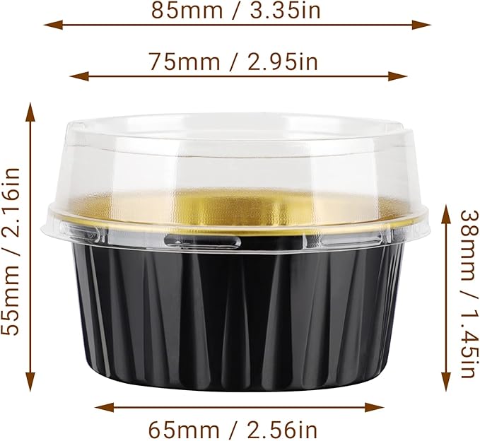 EUSOAR Disposable Creme Brulee Ramekins, 60pcs 5oz Cupcake Liners with Lids Aluminum Foil Baking Dessert Cups Holders, Mini Muffin Ramekins Cheesecake Pan for Catering Wedding Party Favor-Black Gold