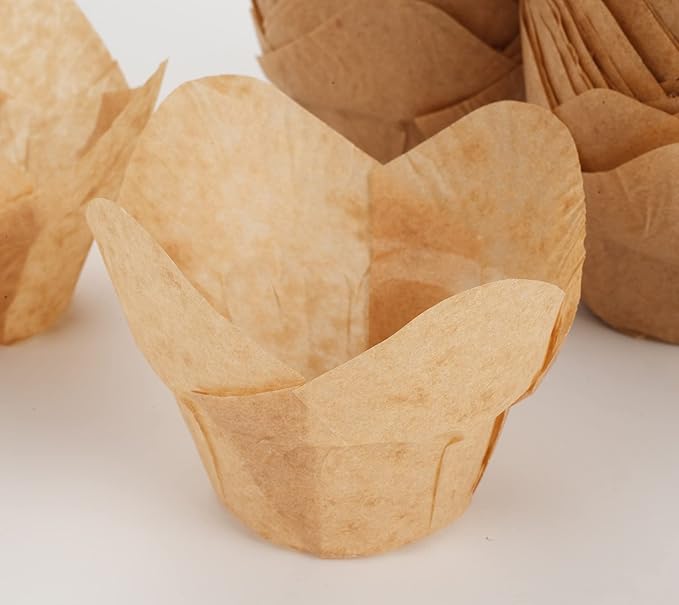 GOLDEN APPLE, 100 Pcs Tulip Cupcake Liner Lotus Parchment Baking Cup Muffin Tins Cups for Weddings, Birthdays, Baby Showers, Natural)