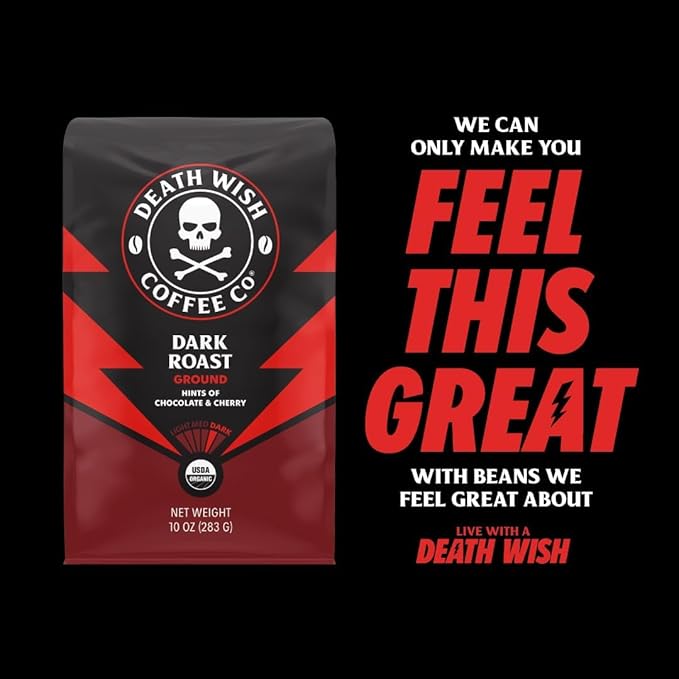 Death Wish Coffee Dark Roast Grounds -16 Oz, 2 Packs of Bold & Intense Blend of Arabica & Robusta Beans - USDA Organic Ground Coffee - Pack of 2