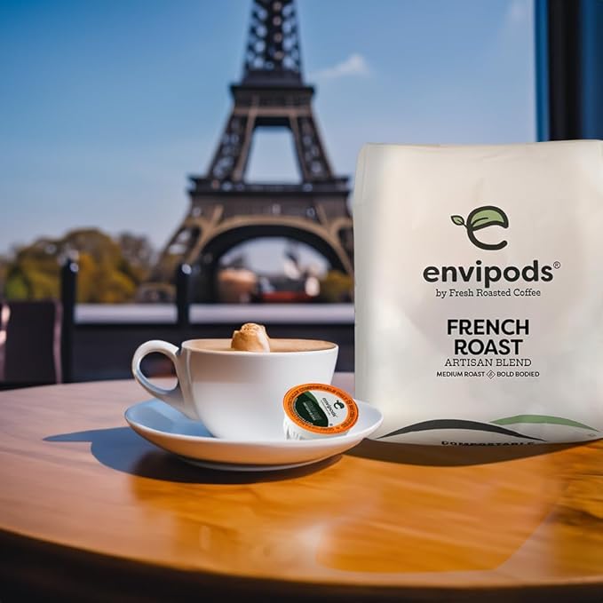 Fresh Roasted Coffee, Compostable envipods, French Roast, Kosher, Dark Roast, 12 Count, K-Cup Compatible | Not for use in Ninja or Hamilton Beach Brewers