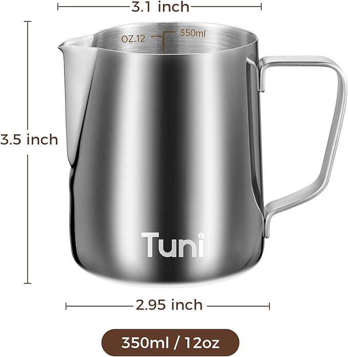Tuni Milk Frothing Pitcher, 12oz/350ml Stainless Steel Milk Jug Steaming Cup, Milk Coffee Cappuccino Latte Art Steam Creamer Frother Pitcher