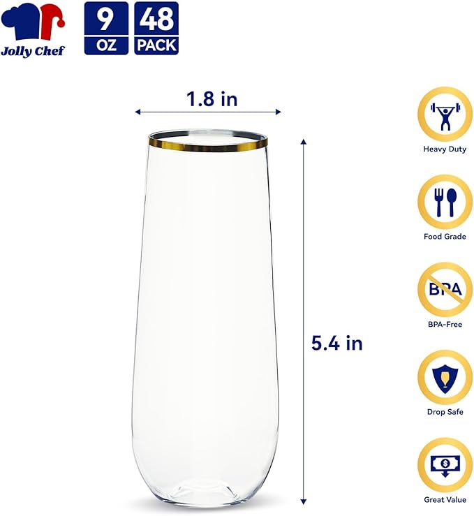 JOLLY CHEF 48 Pack Plastic Champagne Flutes, 9 oz Clear Stemless Champagne Flutes, Plastic Champagne Glasses with Golden Rim, Shatterproof Recyclable Mimosa Glasses for Party Wedding Birthday