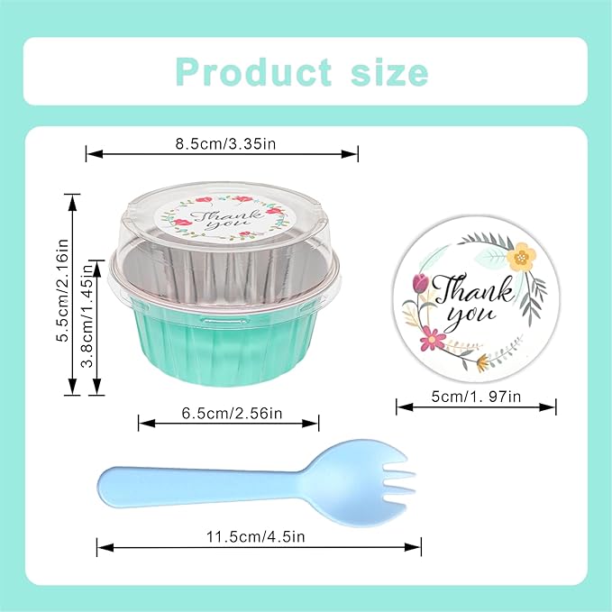 100 PCS Mini Cake Pans with Lids and 100 PCS Spoons,Aluminium Foil Baking Cups, 5 oz Disposable Baking Cups Foil Ramekins For Party Birthday Wedding Valentines (cyan blue)
