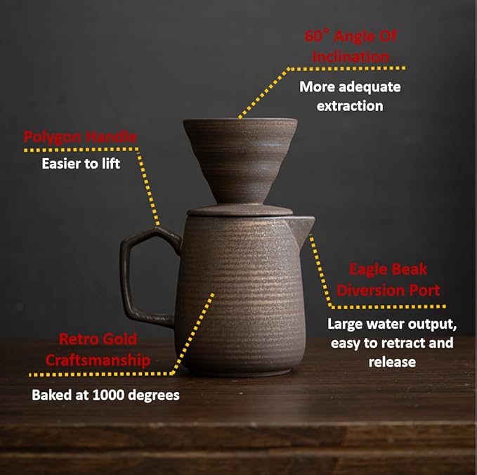 Pour Over Coffee Maker,Ceramic Coffee Maker With 100 pcs V60 Paper Filter竊?6oz/480ml Pour Over Coffee Dripper (Retro gold)
