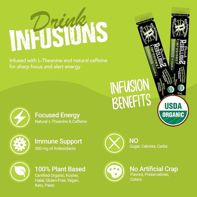 Rebellious Luminous Limeade Organic Drink Mix ??Zero Calorie Energy Drink Mix | Monk Fruit & Green Tea Extract | L-Theanine + Natural Caffeine | 100% Plant-Based | Pack of 10 | Keto,Gluten-Free