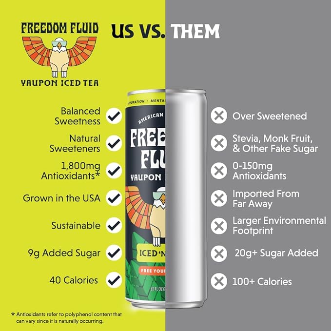 Freedom Fluid Organic Yaupon Iced Tea – Refreshing Lemon | Lightly Sweetened, Low Sugar, Low Calories, Real Brewed Tea, Clean Ingredients, Antioxidant Rich, Natural Caffeine, 12 Pack (12 oz cans)