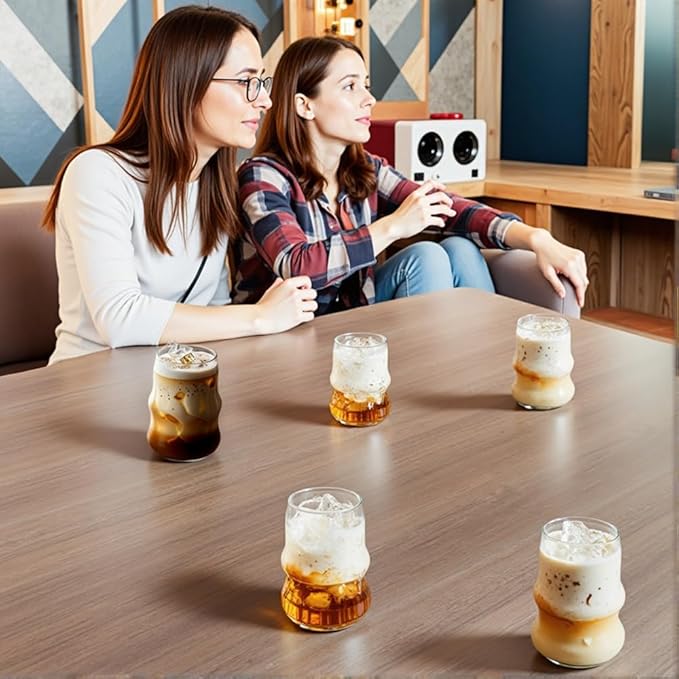 2 Pcs Ribbed Glass Cups, 18oz Vintage Ripple Drinking Glasses Glassware for Iced Coffee, Juice, Milk, Cocktails, Water, Cold Beverages