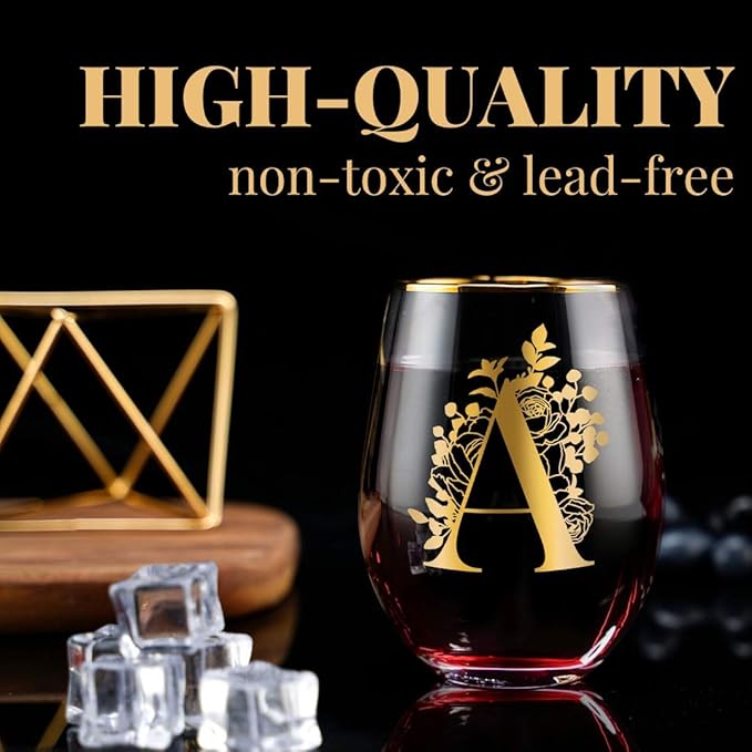Onebttl Unique Stemless Wine Glasses, Initial Wine Cup for Red or White Wine - 18oz, Monogrammed, Gold - for Women, Girls, Female, Her, Friends, Coworkers, Clients - for Birthday, Christmas