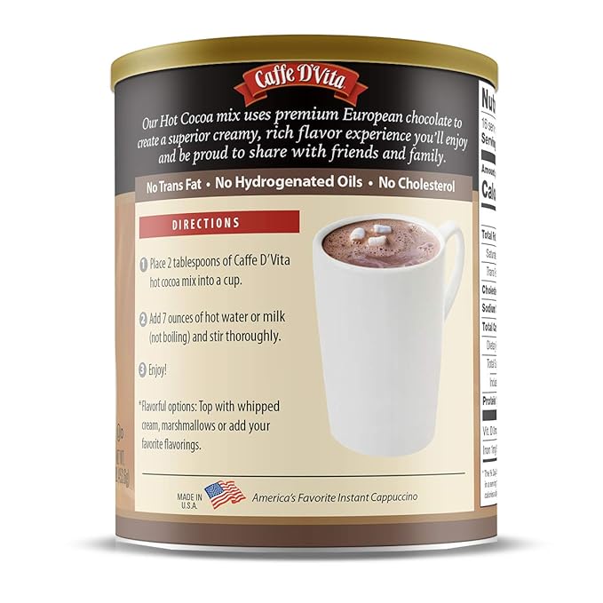Caffe D'Vita Hot Cocoa Mix - Hot Chocolate Mix, Gluten Free, Low Fat, No Cholesterol, No Hydrogenated Oils, No Trans Fat, Kosher, Hot Cocoa Powder Mix Bulk 1 lb. can (16 oz.)