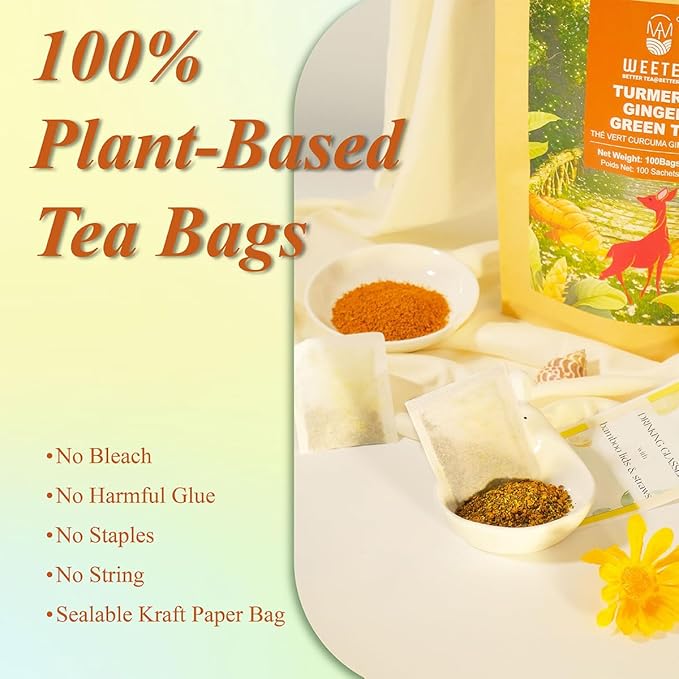 WT WEETEE Turmeric Ginger Green Tea Bags, 100 Count Made Turmeric, Ginger Root, Cinnamon and Honey Flavoring, Natural Caffeine-free Spice Tea