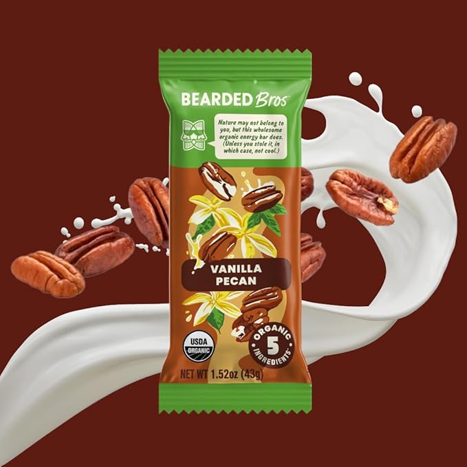 Bearded Brothers Organic Vegan Protein Energy Bars - Gluten Free, Paleo, Fiber, Whole 30 | Non GMO, Soy Free, Low Snacks | 12 Pack Vanilla Pecan