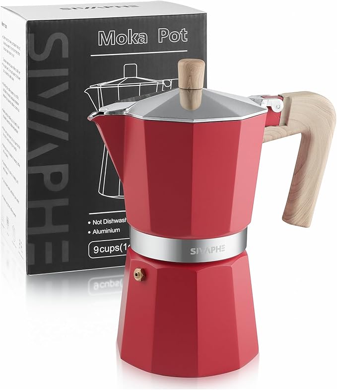 Sivaphe Aluminum Moka Pot 9 Espresso Cups, Percolator Espresso and Coffee Maker, Portable Stovetop Italian and Cuban Cafì±?Brewer for Home and Camping Red