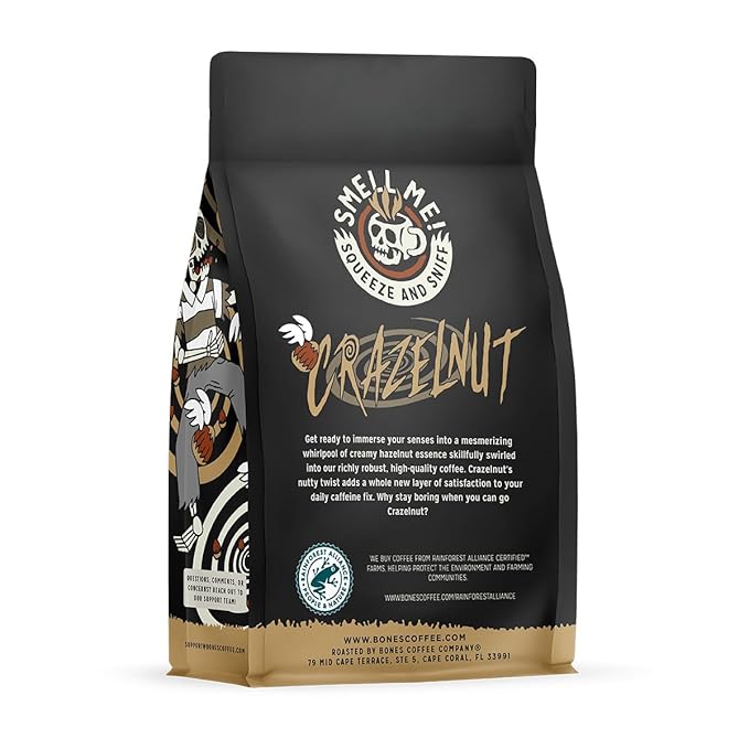Bones Coffee Company Crazelnut, Hazelnut Flavored Coffee, Medium Roast Low Acid Arabica Beans Compatible with Auto drip and French Press Coffee Maker, 12 Oz Whole Bean