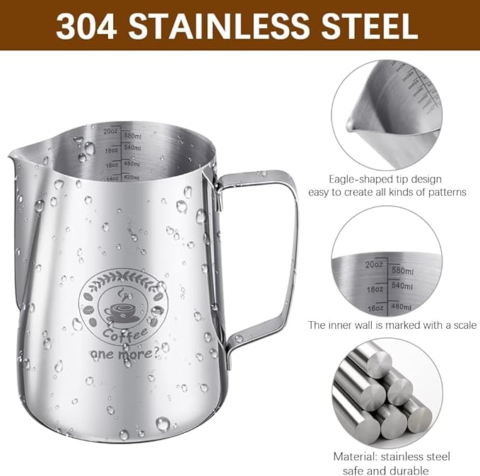 Milk Frothing Pitcher 20oz, Stainless Steel Espresso Steaming Jug with Latte Art Pen, Professional Coffee Milk Frother for Latte, Cappuccino, Macchiato & Hot Chocolate